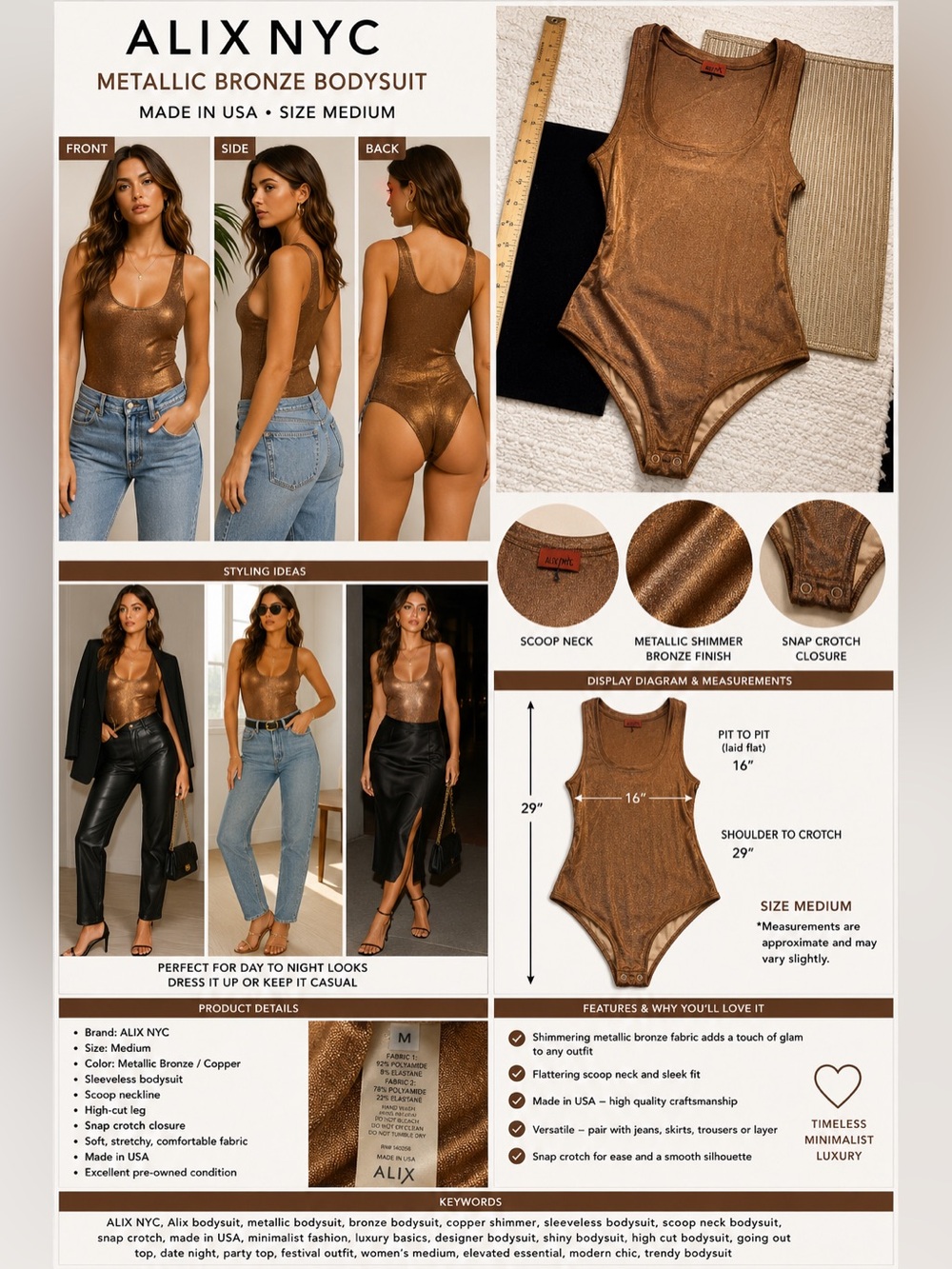 ALIX NYC Metallic Bronze Shimmer Bodysuit Women's Medium Scoop Neck Snap Crotch